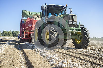 Tractor pulling an onion harvester Editorial Stock Photo