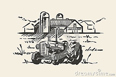 Tractor with a rural scene sketch vector illustration. Rustic farm landscape hand drawn Cartoon Illustration