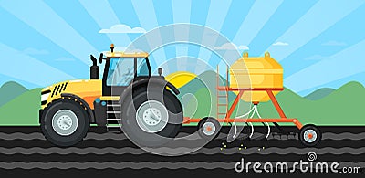 Tractor seeding crops at field in spring landscape Cartoon Illustration
