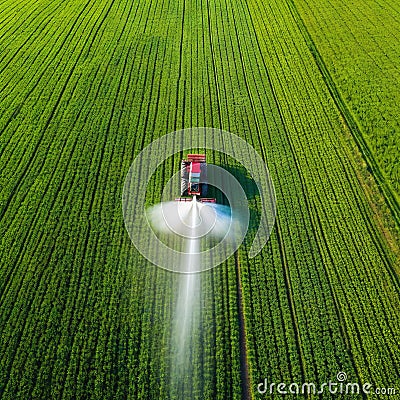 Tractor spray fertilizer on green field drone high angle agriculture background concept Cartoon Illustration