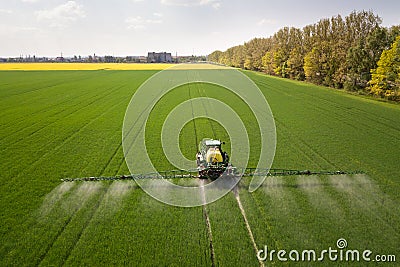 Tractor spraying chemical pesticides with sprayer on the large green agricultural field at spring Stock Photo