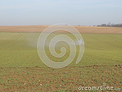 Tractor spraying chemicals in the fields Stock Photo