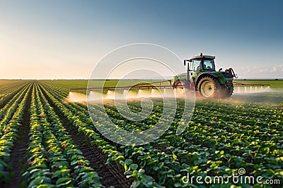 A tractor spraying pesticide on soybean farm at spring sunset. Stock Photo