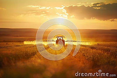 A tractor spraying pesticide on soybean farm at spring sunset. Stock Photo