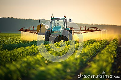 Tractor spraying pesticides fertilizer on soybean crops farm field in spring evening. Generative AI Stock Photo