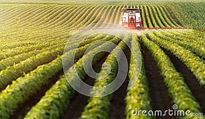 Tractor spraying pesticides at soy bean field Stock Photo