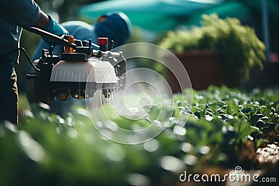 Tractor spraying pesticides on vegetable field for crop protection and optimal growth Stock Photo