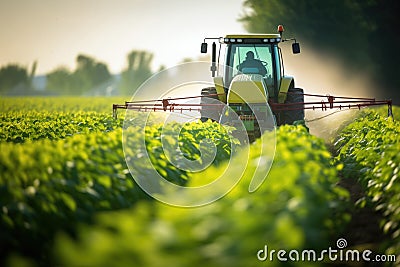 Tractor Sprays Pesticides On A Soybean Field Stock Photo