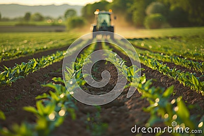 Tractor tilling the field at sunset Stock Photo