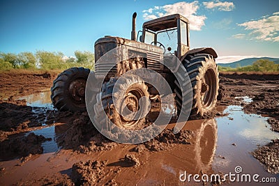 tractor tires sinking in muddy terrain Stock Photo