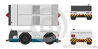 Tractor towing airplane. Front, side, top and back view. Repair and maintenance of aircraft. Airfield transport Vector Illustration