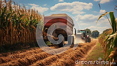 A tractor towing a trailer loaded with freshly harvested corn HD image Stock Photo