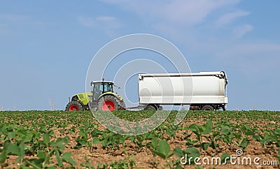A tractor tows a directional manure spreader on cultivated field with young plants growing Stock Photo