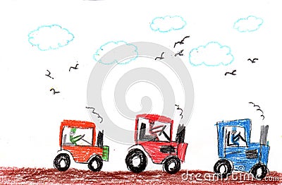 Tractor and trailer working a field. Harvesting season. Harvest delivery, organic food transportation. Pencil art in childish Stock Photo