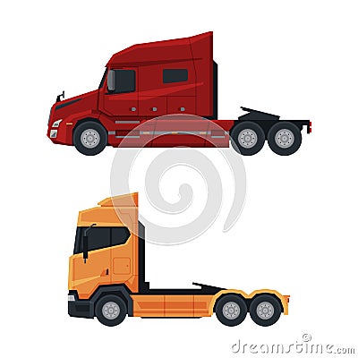 Tractor Unit as Heavy-duty Towing Engine for Hauling Semi-trailer Side View Vector Set Vector Illustration