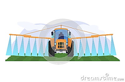 Tractor watering large field with special device concept agricultural machinery isolated on white, flat vector Vector Illustration
