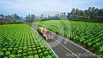 Tractor working in agricultural plots. 3d render Stock Photo