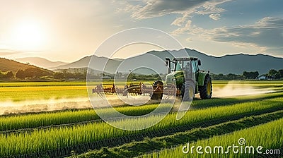 Tractor working on the rice fields barley farm at sunset time, modern agricultural transport Stock Photo