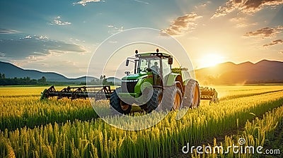 Tractor working on the rice fields barley farm at sunset time, modern agricultural transport Stock Photo