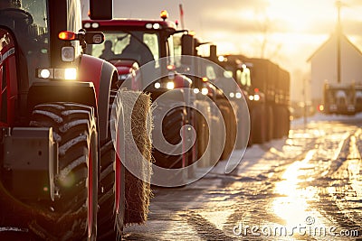 Tractors Line Up in Protest on the street. Stock Photo