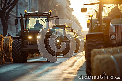 Tractors Line Up in Protest on the street. Stock Photo