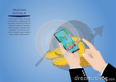 Hand holding smartphone with candlestick chart of stock sale and buy using mobile phones, market investment trading Vector Illustration