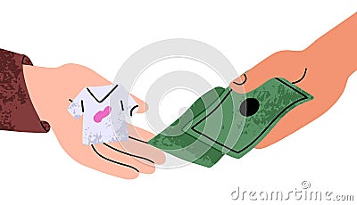 Trade, deal, sale concept. Hands selling and buying clothes. Paying with cash, paper money, banknotes for goods. Market Vector Illustration