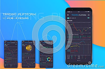 Trade exchange app on phone screen. Mobile banking cryptocurrency ui. Online stock trading interface vector eps 10. Vector Illustration