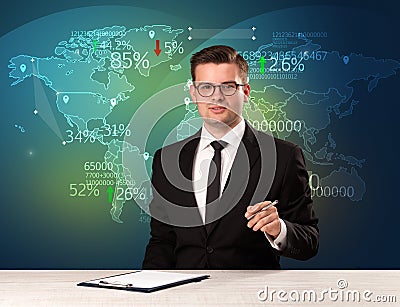 Trade market analyst is studio reporting world trading news with Stock Photo