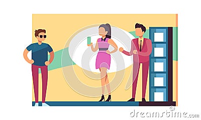 Trade marketing. Sellers offer goods to man, cartoon flat customer choosed product on expo stand vector concept Vector Illustration