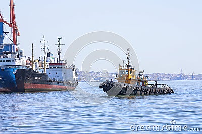 Trade port, Baku, Azerbaijan - March 29, 2017. Fire the ship enters the port. Editorial Stock Photo