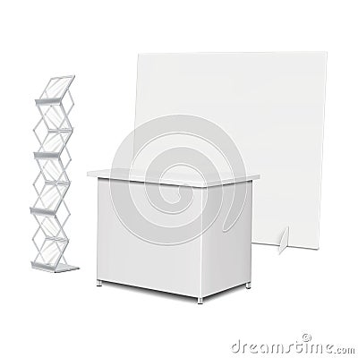 Trade show display kit. Expo set. Tradeshow backdrop banner, exhibition table counter, brochure holder stand Vector Illustration