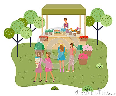 Trade tent with natural flowers in pots illustration. Flowers market stall with female seller Vector Illustration