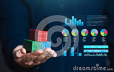 Trade and transportation. The business holds a container with graphs and charts. Stock Photo