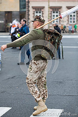 Trade unionists during a demonstration in Warsaw - Poland Editorial Stock Photo