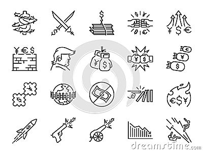 Trade wars icon set. Included icons as currency war, Economic sanctions, tax, tariffs, wall, crisis and more. Vector Illustration