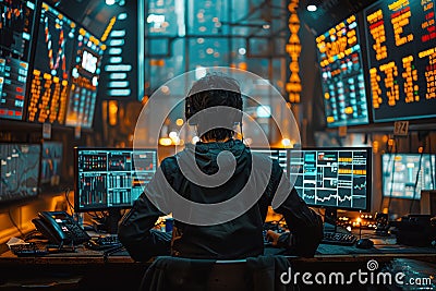 A trader is analyzing financial data on multiple monitors in a hightech office Stock Photo