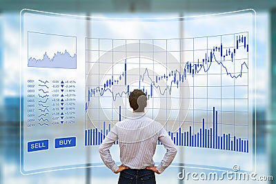 Trader analyzing forex trading charts with sell buy buttons, investment Stock Photo