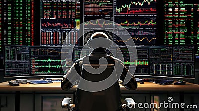 Trader analyzing stock market data on multiple screens at desk Stock Photo