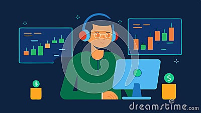 Trader at a Computer A focused individual sitting at a desk wearing headphones and analyzing charts on multiple screens Vector Illustration