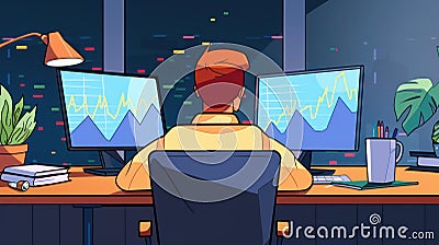 A trader focuses intently on financial data across multiple screens in a sleek, dark workspace filled with charts and plants Stock Photo