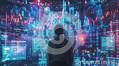 A trader gazes up at a massive holographic screen transfixed by the colorful charts and graphics representing the Stock Photo