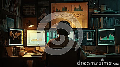 Trader monitors multiple screens displaying stock data and market trends in a dimly lit workspace. Generative AI Stock Photo