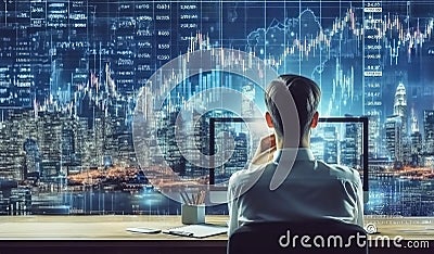A trader seen from behind is thinking, the background is a monitors and the city, generative ai art Stock Photo
