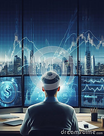 A trader seen from behind is thinking, the background is a monitors and the city, generative ai art Stock Photo