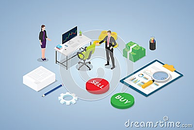 Trader stock market trading concept with business man team people and some chart and financial analysis data with modern isometric Cartoon Illustration