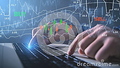 Trader using computer. Stock market report. Buy and Sell. Forex trading Stock Photo