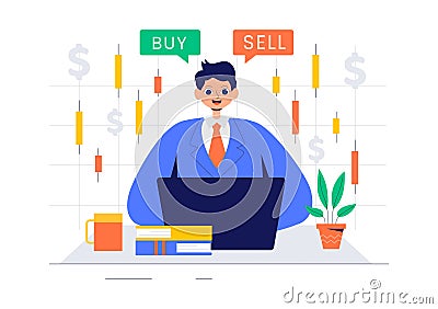 Trader Vector Illustration Featuring Financial Trend Evaluation, Data Analysis, Traders Analyzing Charts, Candle Bars, and Graphs Vector Illustration