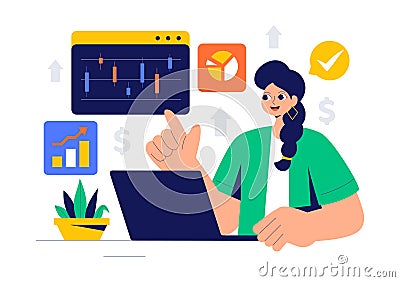 Trader Vector Illustration Featuring Financial Trend Evaluation, Data Analysis, Traders Analyzing Charts, Candle Bars, and Graphs Vector Illustration