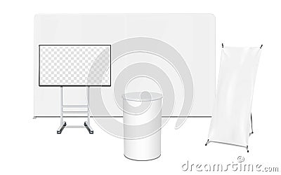 Tradeshow backdrop display, round exhibition table counter, wheeled TV stand, spider X-banner standee mockup. Trade show kit Vector Illustration